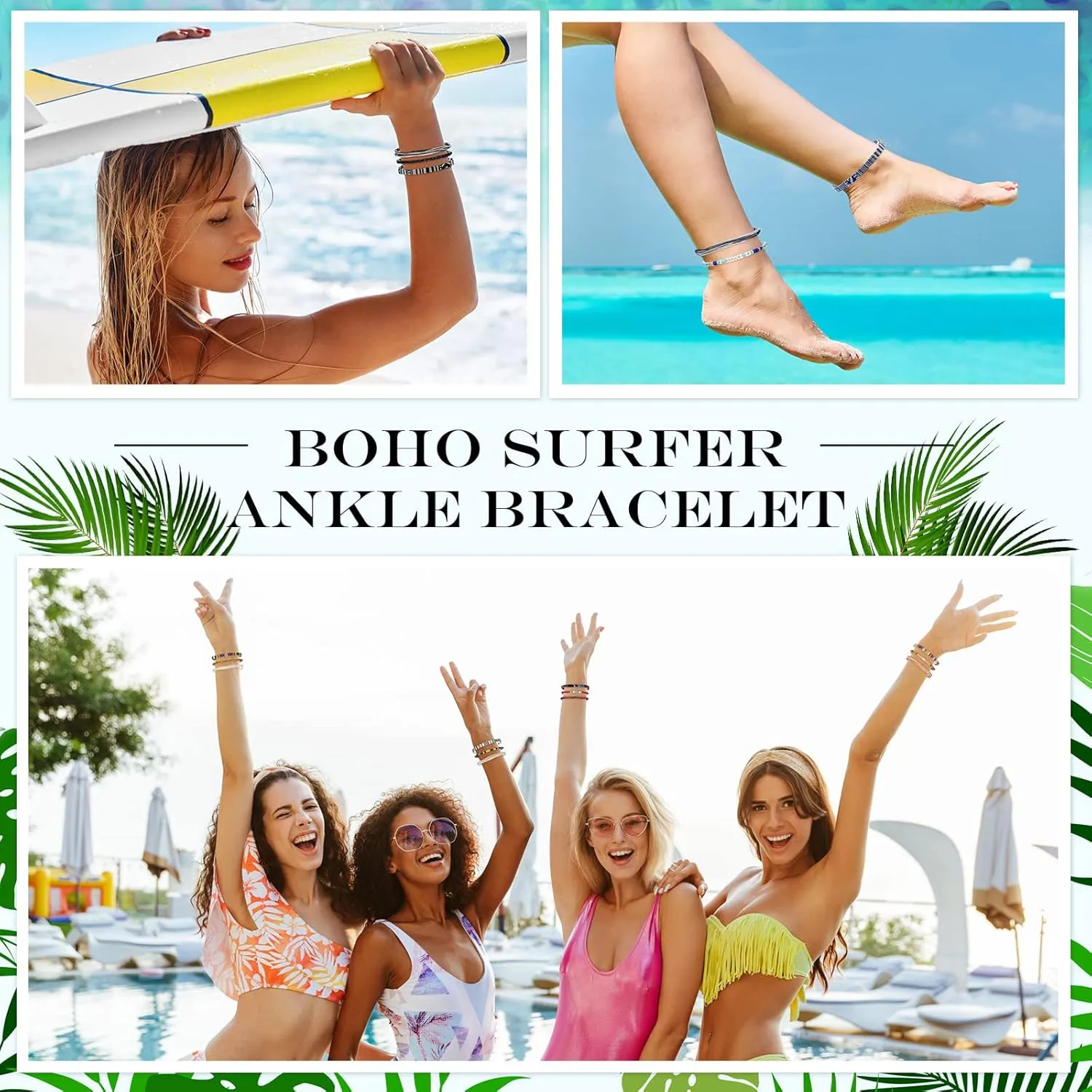 Yinkin 18 Pcs Boho Surfer Bracelet Anklet Adjustable Beaded Anklets Handmade Braided Bracelet Colorful Summer Beach String Rope Boho Jewelry for Women Men