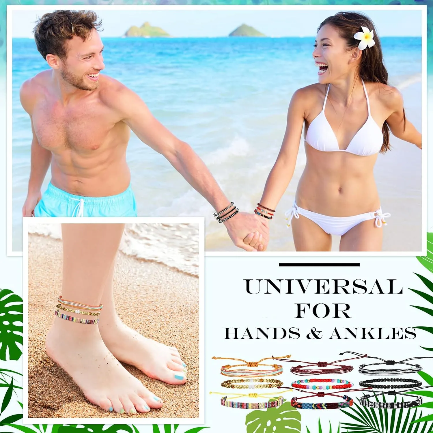 Yinkin 18 Pcs Boho Surfer Bracelet Anklet Adjustable Beaded Anklets Handmade Braided Bracelet Colorful Summer Beach String Rope Boho Jewelry for Women Men