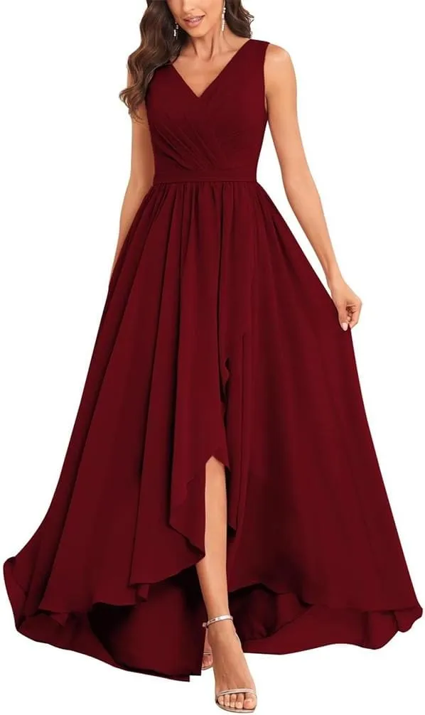 YRGERATON Women's High Low Wedding Bridesmaid Dresses Long Chiffon V Neck Formal Evening Prom Gown with Slit