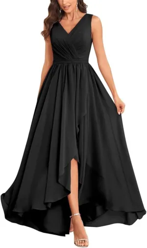 YRGERATON Women's High Low Wedding Bridesmaid Dresses Long Chiffon V Neck Formal Evening Prom Gown with Slit