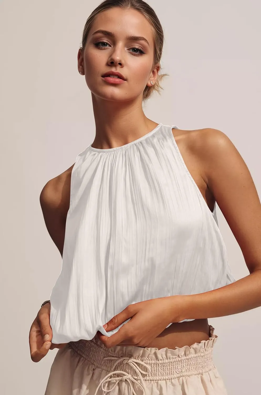 Ythomm Womens Halter Crop Bubble Tops Summer Sleeveless Crewneck Puffy Hem Cropped Tank Tops Fitted Cute Going Out Shirt Top