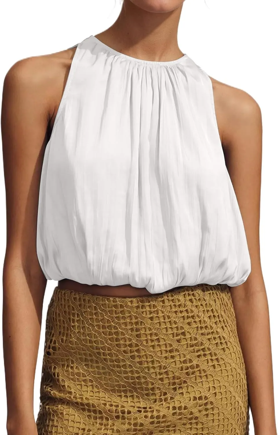 Ythomm Womens Halter Crop Bubble Tops Summer Sleeveless Crewneck Puffy Hem Cropped Tank Tops Fitted Cute Going Out Shirt Top