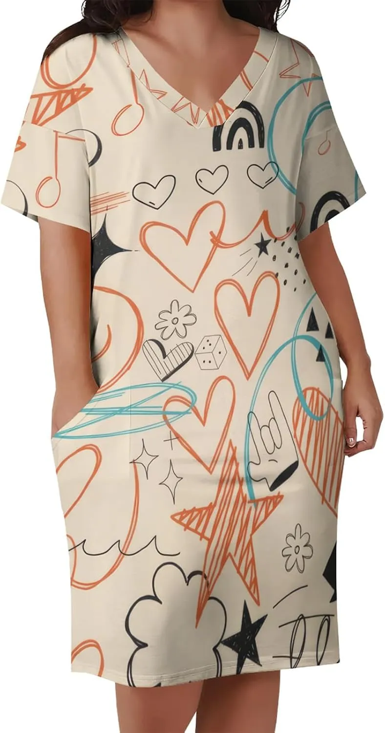 Yuopeid Women's Plus Size Fashion Printed Sexy V Neck Short Sleeve Loose Casual Summer Party Vacation Midi Dress