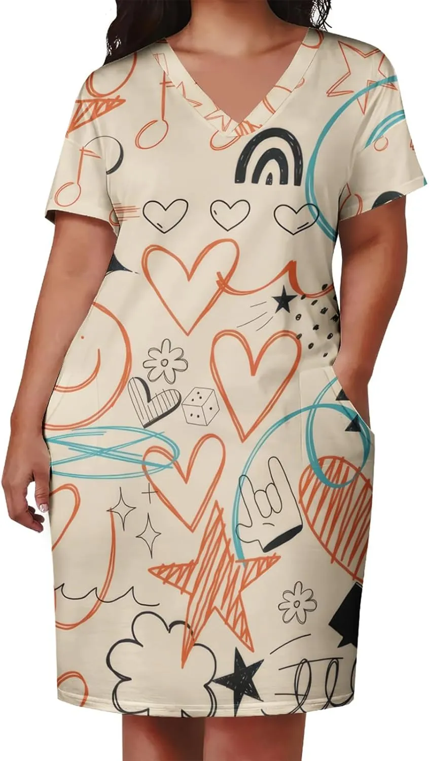 Yuopeid Women's Plus Size Fashion Printed Sexy V Neck Short Sleeve Loose Casual Summer Party Vacation Midi Dress