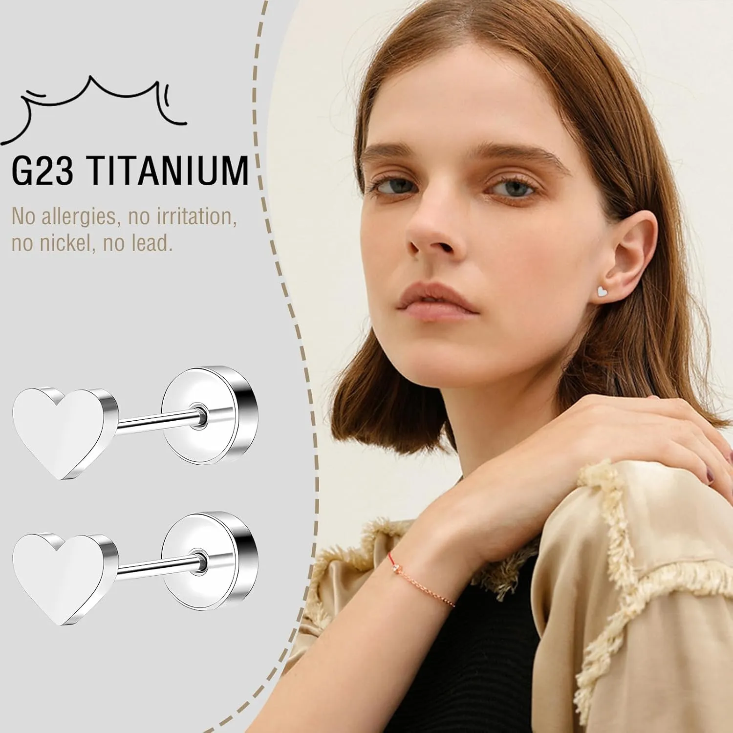 ZDE Women Flat Back Heart Earrings Non-Nickel Heart Earrings Titanium Hypoallergenic Cartilage Earrings Stud for Sensitive Ears Simple Classic 5mm Flat Stud Earring