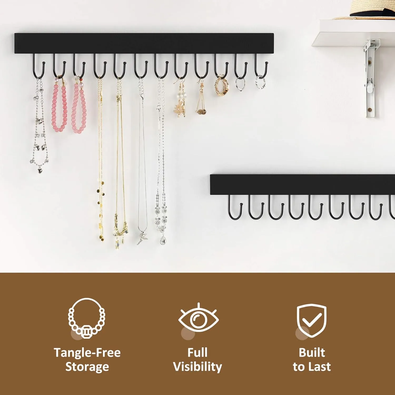 ZEDODIER 2 Pack Necklace Organizer Wall Mount, Wooden Jewelry Hanger Necklace Holder with 24 Hooks,Hanging Jewelry Organizer, Black