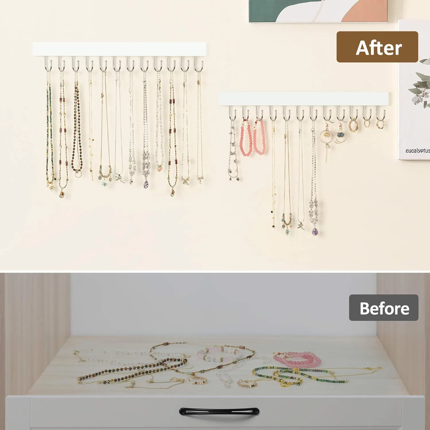 ZEDODIER 2 Pack Necklace Organizer Wall Mount, Wooden Jewelry Hanger Necklace Holder with 24 Hooks,Hanging Jewelry Organizer, White
