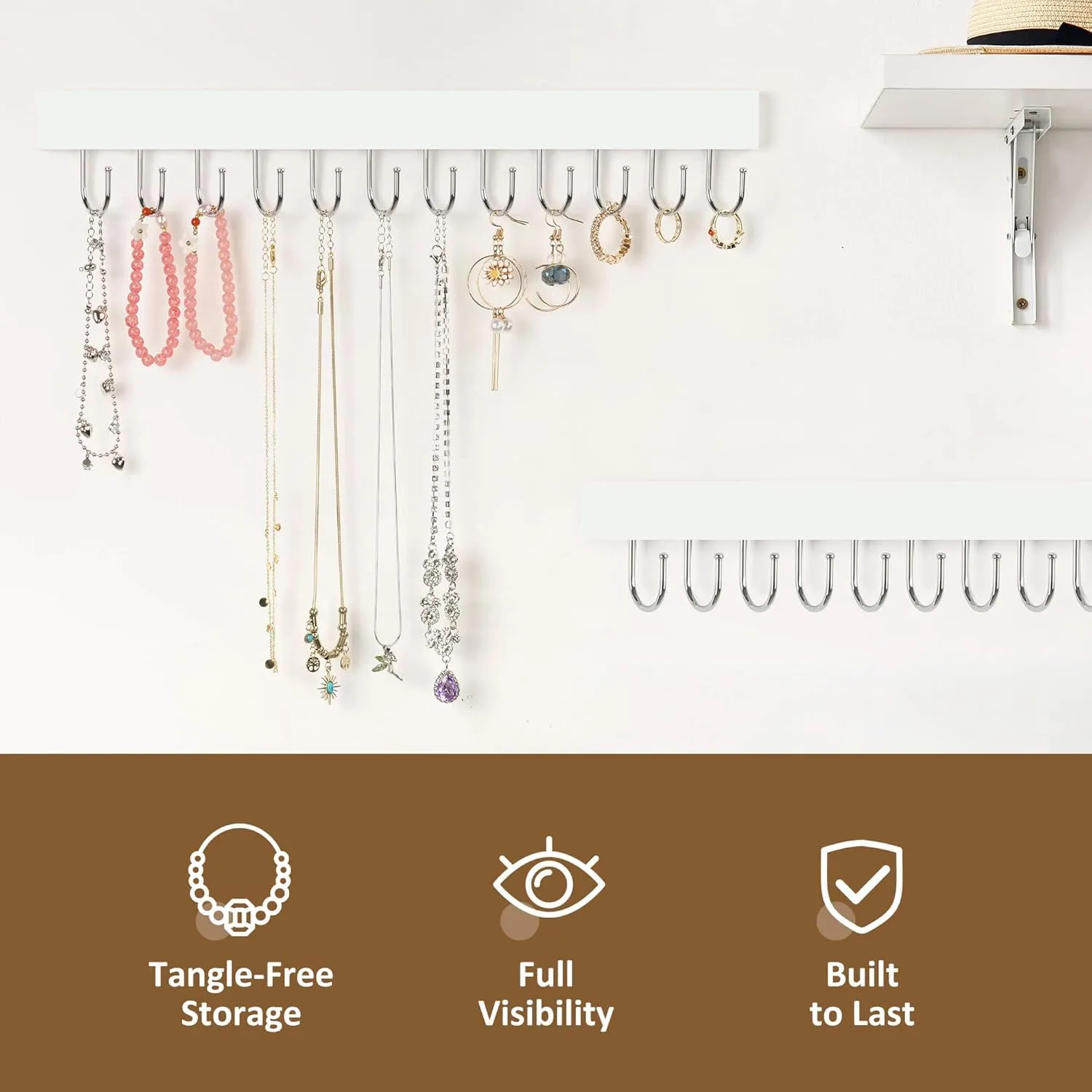 ZEDODIER 2 Pack Necklace Organizer Wall Mount, Wooden Jewelry Hanger Necklace Holder with 24 Hooks,Hanging Jewelry Organizer, White