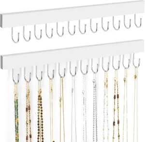 ZEDODIER 2 Pack Necklace Organizer Wall Mount, Wooden Jewelry Hanger Necklace Holder with 24 Hooks,Hanging Jewelry Organizer, White