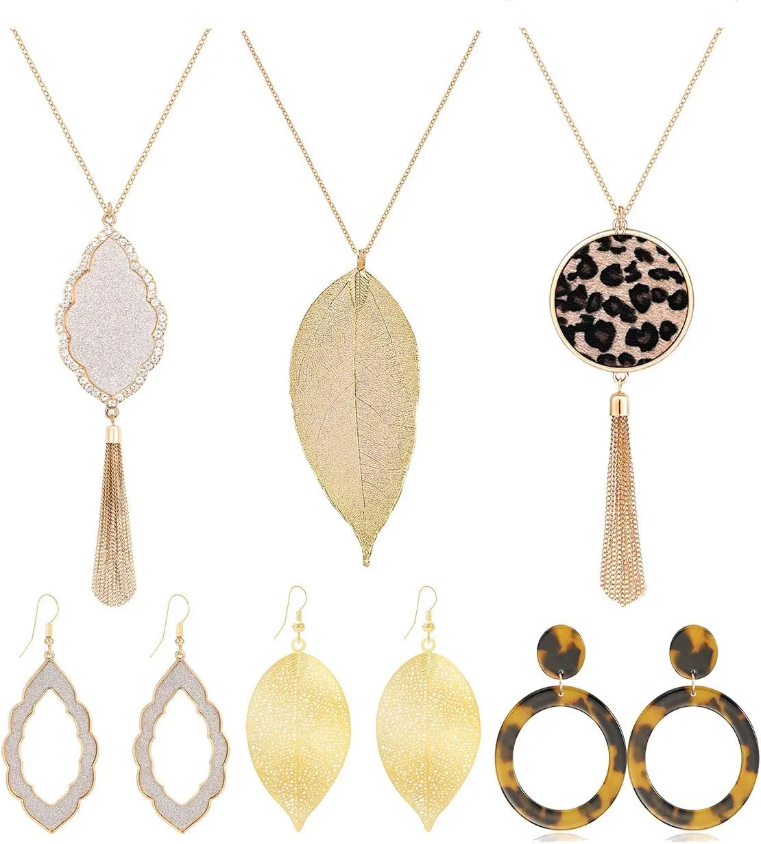 ZITULRY Leopard Print Long Pendant Necklace Dangle Drop Earrings Set for Women Leaf Tassel Necklace Tortoise Shell Acrylic Resin Earrings 6 PCS