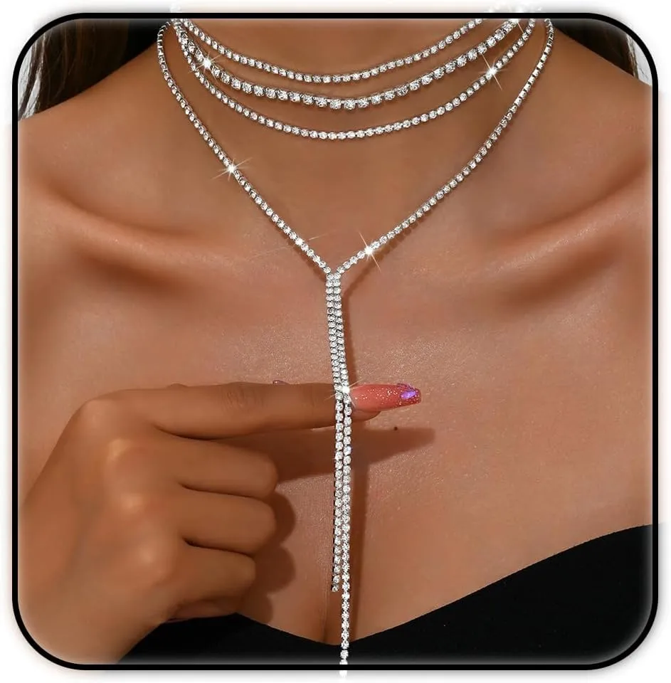 ZMANYIJEW Layered Rhinestone Y Necklace Choker for Women Multilayered Crystal Long Necklaces Sparkly Bridal Wedding Jewelry