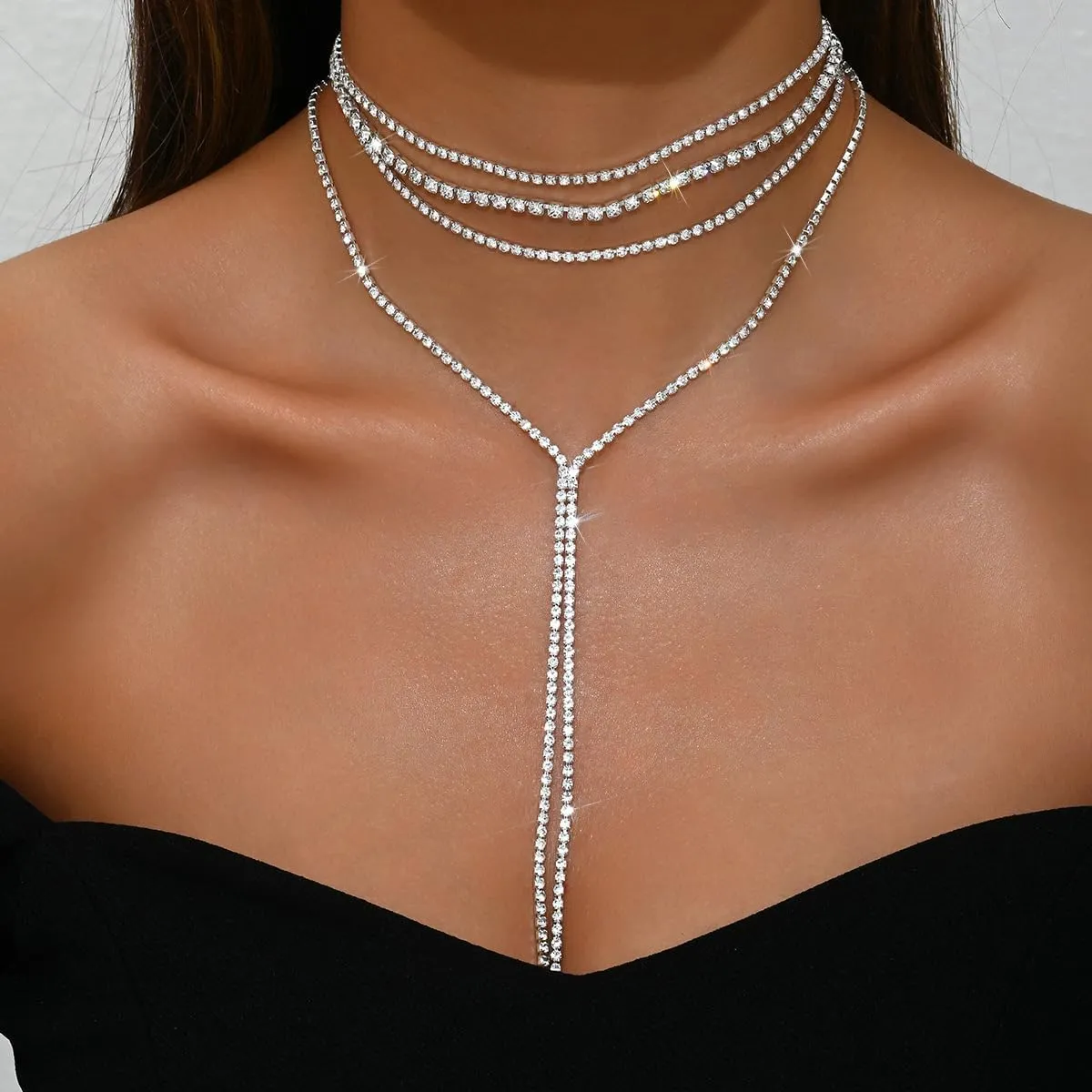 ZMANYIJEW Layered Rhinestone Y Necklace Choker for Women Multilayered Crystal Long Necklaces Sparkly Bridal Wedding Jewelry