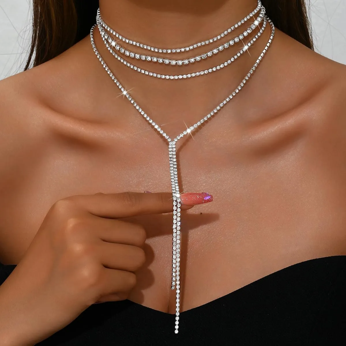 ZMANYIJEW Layered Rhinestone Y Necklace Choker for Women Multilayered Crystal Long Necklaces Sparkly Bridal Wedding Jewelry