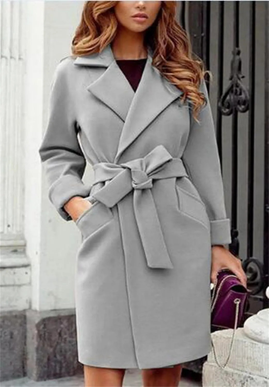 ZWRXW Winter Coats for Women Lapel Woolen Jacket Fashion Elegant Long Trench Coat Cardigans Fall Clothes with Belt