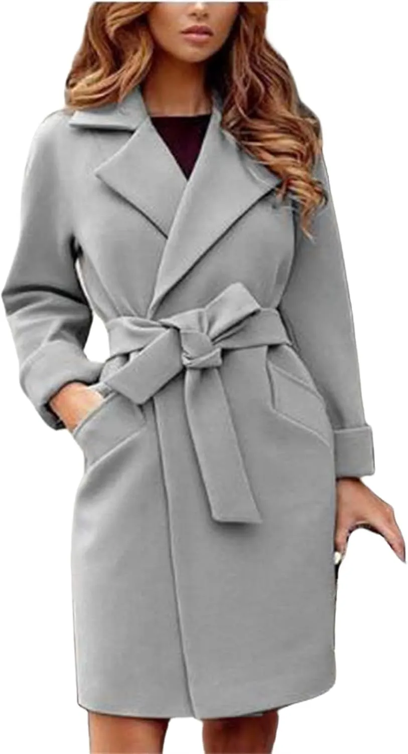 ZWRXW Winter Coats for Women Lapel Woolen Jacket Fashion Elegant Long Trench Coat Cardigans Fall Clothes with Belt
