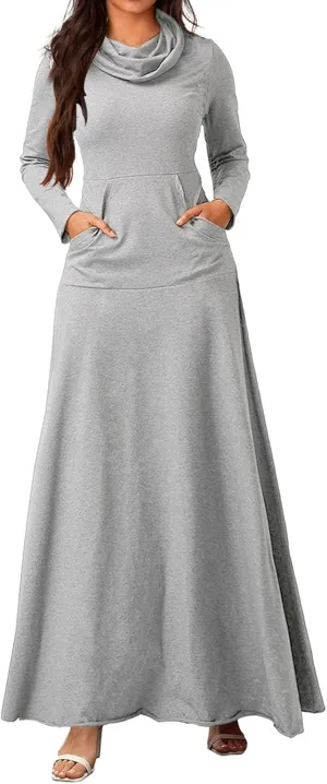 ZWRXW Womens Turtleneck Maxi Dresses Fashion Casual Long Sleeve Fall Winter Elegant Solid Swing Long Dress with Pockets