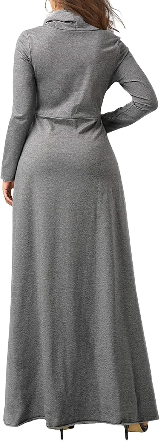 ZWRXW Womens Turtleneck Maxi Dresses Fashion Casual Long Sleeve Fall Winter Elegant Solid Swing Long Dress with Pockets