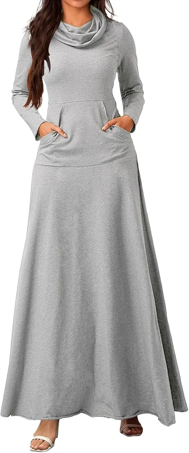 ZWRXW Womens Turtleneck Maxi Dresses Fashion Casual Long Sleeve Fall Winter Elegant Solid Swing Long Dress with Pockets