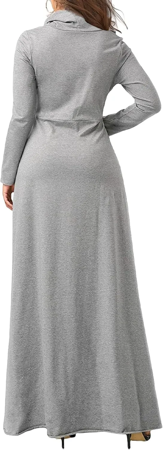 ZWRXW Womens Turtleneck Maxi Dresses Fashion Casual Long Sleeve Fall Winter Elegant Solid Swing Long Dress with Pockets