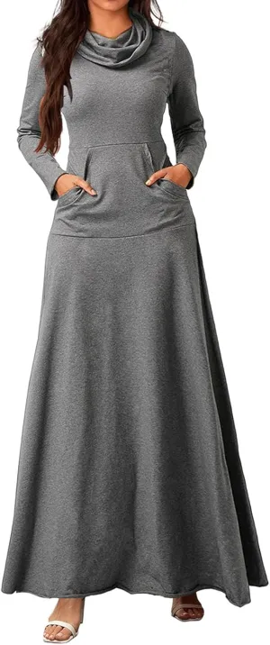 ZWRXW Womens Turtleneck Maxi Dresses Fashion Casual Long Sleeve Fall Winter Elegant Solid Swing Long Dress with Pockets