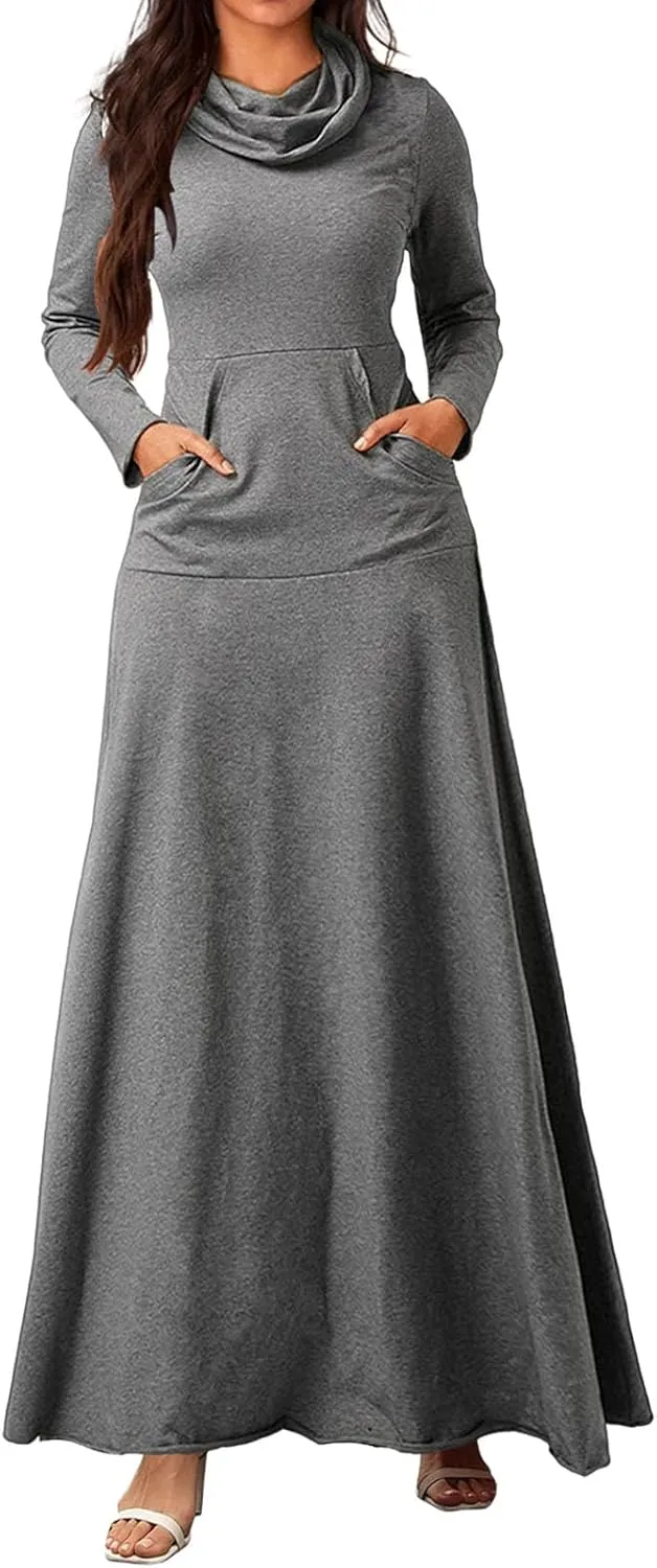 ZWRXW Womens Turtleneck Maxi Dresses Fashion Casual Long Sleeve Fall Winter Elegant Solid Swing Long Dress with Pockets
